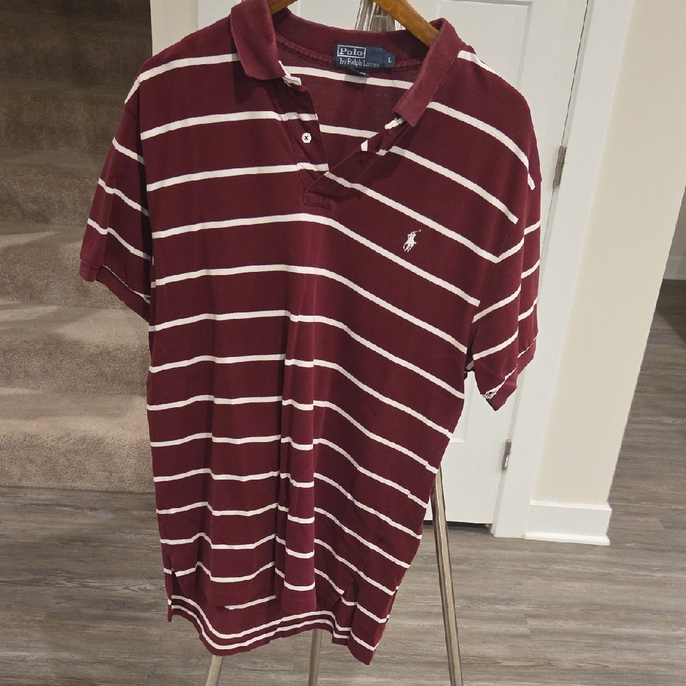 Polo by Ralph Lauren Men's Burgundy and White Striped Polo
